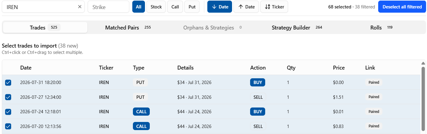 Import review with a ticker filter, matched-pair counters and four paired trades selected for import