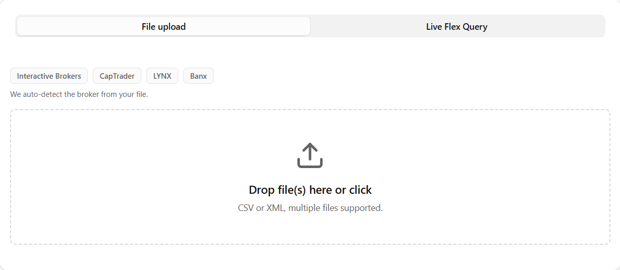 Thetavio upload panel with broker chips for Interactive Brokers, CapTrader, LYNX and Banx above a drop zone
