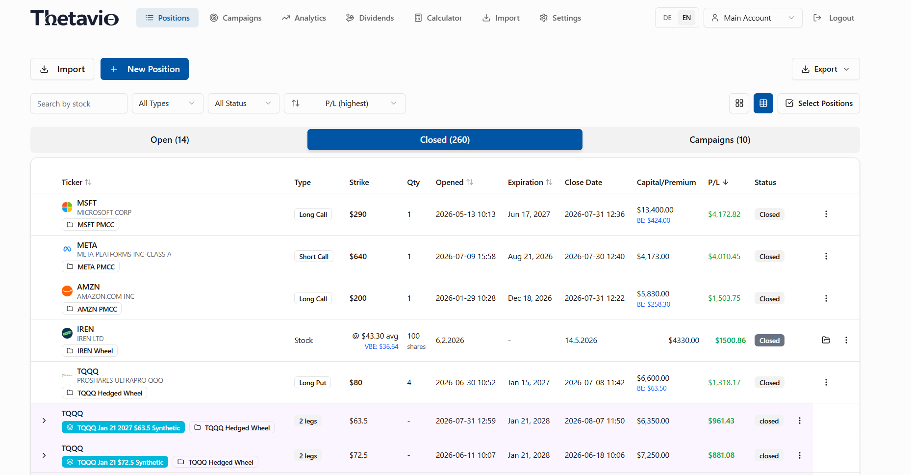 The positions table: open, closed and campaign trades in one view, with type, strike, quantity, open and close dates, capital or premium, P/L and status per row, plus expandable multi-leg rows.